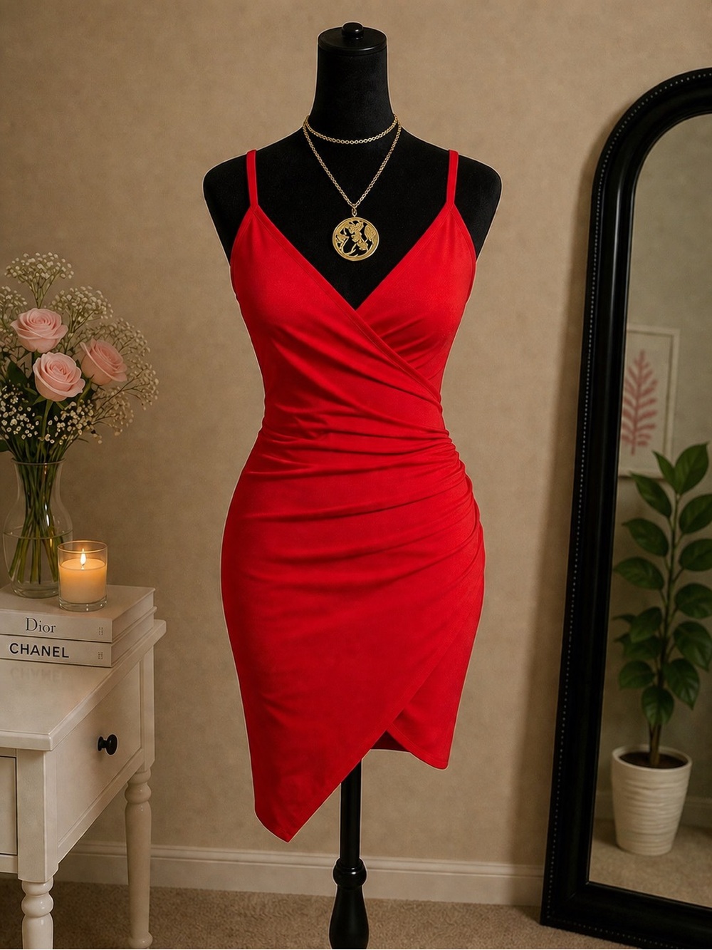 Love Tree asymmetrical wrap bodycon dress red spaghetti strap size S going out